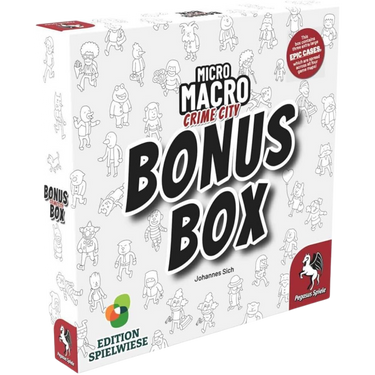 MicroMacro Crime City Bonus Box by Pegasus Spiele, featuring family-friendly game components and colorful crime scene illustrations.