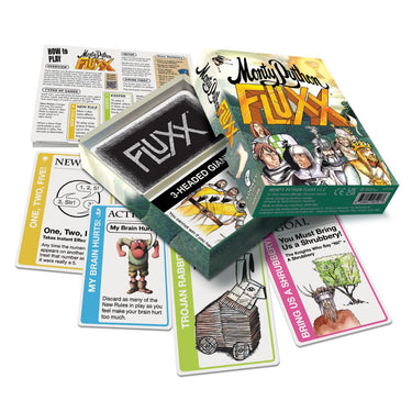 Monty Python Fluxx family game by Looney Labs featuring colorful cards and whimsical design for fun, strategic gameplay.