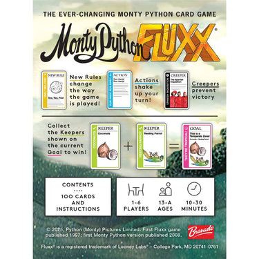 Monty Python Fluxx family game by Looney Labs featuring colorful cards and playful artwork for all ages.