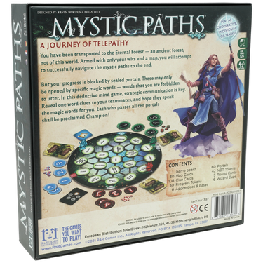 Mystic Paths party game by R&R Games, featuring colorful game components and mystical-themed game board for fun social play.