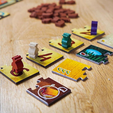 Blue Orange Moon River family game with colorful river-themed game pieces and cards on a wooden table.