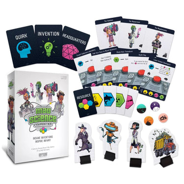 Mad Science Foundation strategy game box by Cryptozoic Entertainment, featuring colorful sci-fi themed artwork.