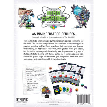 Mad Science Foundation strategy game by Cryptozoic Entertainment, featuring game components and colorful science-themed artwork.