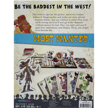 Most Wanted party game by North Star Games, featuring colorful game components and player cards on a table.