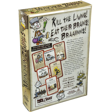 Munchkin Zombies party game by Steve Jackson Games featuring colorful zombie-themed game components and cards.