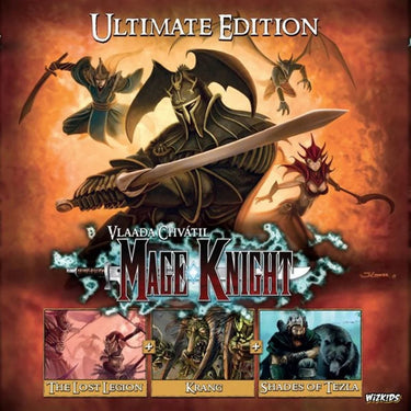 WizKids Mage Knight Ultimate Edition adventure game box with detailed fantasy artwork and game components on the cover.