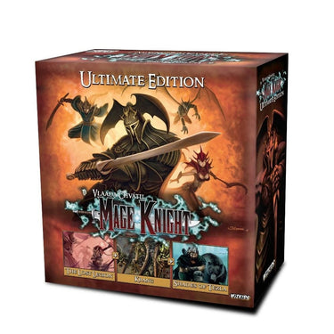 WizKids Mage Knight Ultimate Edition adventure game box art featuring fantasy characters and detailed artwork.