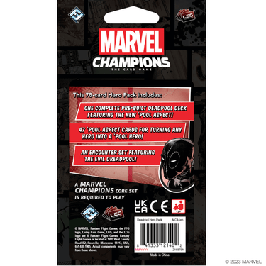 Marvel Champions Deadpool expanded hero pack for living card game by Fantasy Flight Games, featuring Deadpool character illustration.