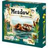 Rebel Studio Meadow Downstream family game box with colorful artwork and game components spread out on a table.