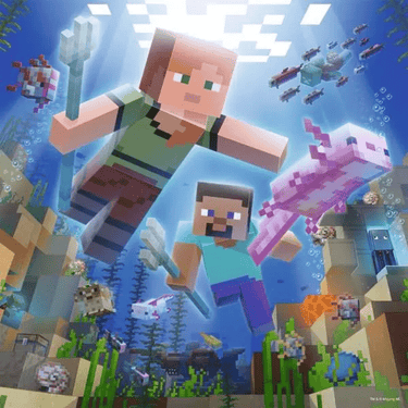 Ravensburger Minecraft Biomes children's puzzle with 3x49 pieces showing colorful Minecraft world scenes and biomes.