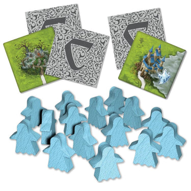 Family board game "Mists over Carcassonne" by Z-Man Games featuring colorful medieval city tiles and game components.