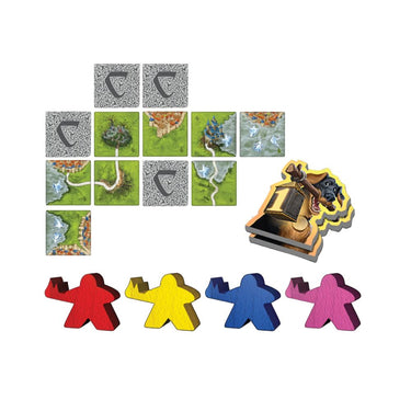 Family board game "Mists over Carcassonne" by Z-Man Games, showing colorful illustrated game box with medieval castle scenery.