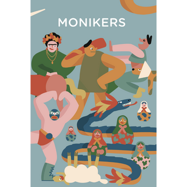 CMYK Monikers party game box with colorful artwork, featuring game components and vibrant design for social fun and entertainment.