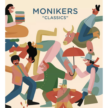 CMYK Monikers Classics Expansion party game box with colorful artwork and game components spread out on a table.