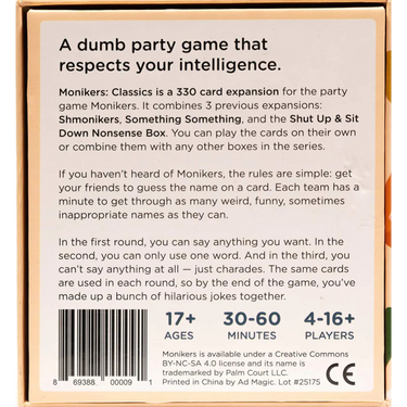 Image of Monikers: Classics Expansion party game by CMYK, featuring colorful game cards and packaging for social gameplay.