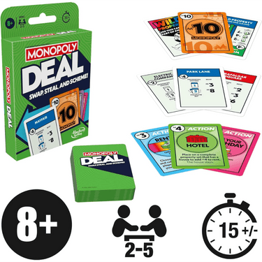 Hasbro Monopoly Deal family card game with colorful cards spread out on a table for quick play and fun family entertainment.