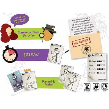 MonsDRAWsity party game by Deep Water Games featuring colorful drawing cards and game pieces on a table.