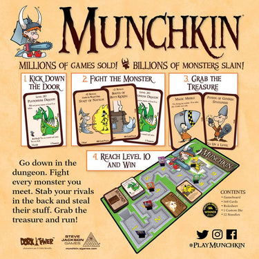 Munchkin Deluxe party game by Steve Jackson Games featuring colorful card illustrations and game components on a table.