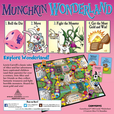 Munchkin Wonderland party game by Steve Jackson Games featuring colorful fantasy-themed artwork and game components.