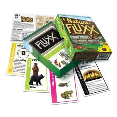 Family game box of Nature Fluxx by Looney Labs featuring colorful card designs and nature-themed artwork.