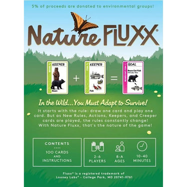 Family game of Nature Fluxx by Looney Labs featuring colorful cards and nature-themed illustrations on the game box.
