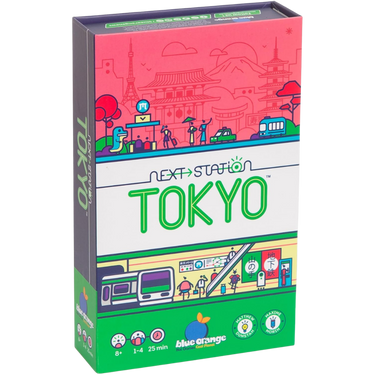 Blue Orange Next Station: Tokyo family game box with colorful illustrations and game components on a table.