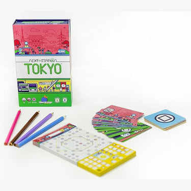 Blue Orange Next Station: Tokyo family game box with colorful map and game pieces for fun, strategic gameplay.