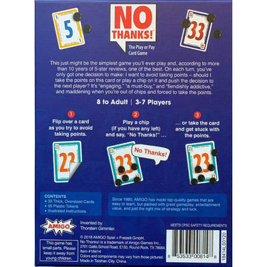 Family card game "No Thanks!" by Amigo, featuring colorful playing cards on a game table.