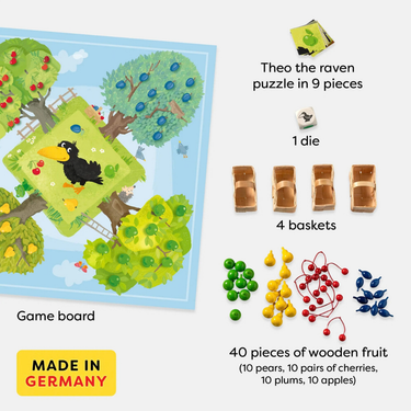 HABA Orchard children's game with colorful fruit pieces and game board for family fun and active play.