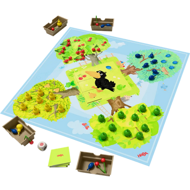 HABA Orchard children's game with colorful fruit pieces and game board for family fun and learning.