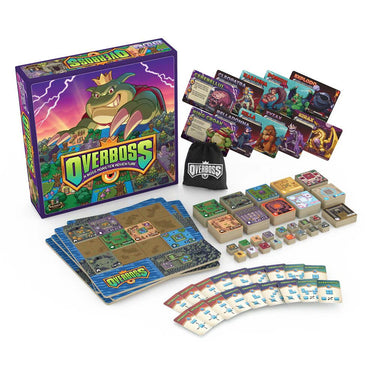 Family board game Overboss: A Boss Monster Adventure by Brotherwise Games, featuring colorful game components and character cards.