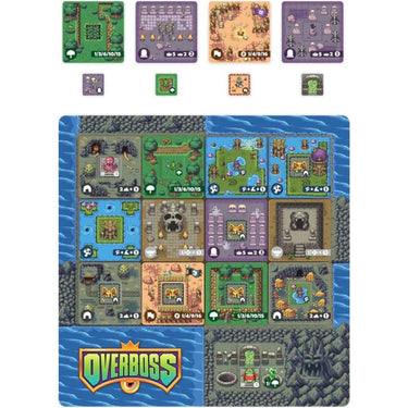 Overboss: A Boss Monster Adventure family game box with colorful artwork and game components on a tabletop.