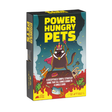 Family game set from Exploding Kittens' Power Hungry Pets collection featuring colorful cards and playful pet illustrations.