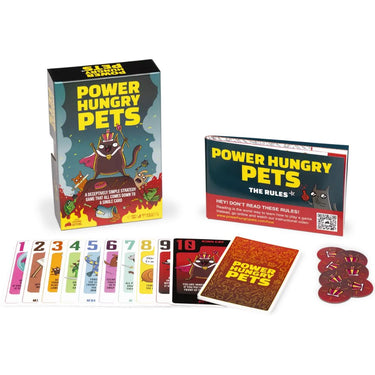 Power Hungry Pets family game by Exploding Kittens featuring colorful illustrated cards and playful pet characters.