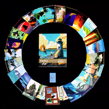 Family game board for PARKS Memories: Coast to Coast by Keymaster Games, featuring colorful coast-to-coast map and game pieces.
