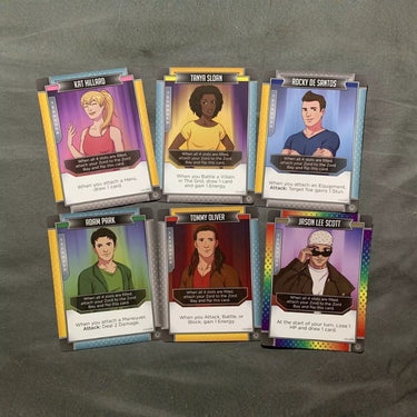Power Rangers Zeo deck-building game from Renegade Game Studios, featuring colorful cards and character artwork for family fun.