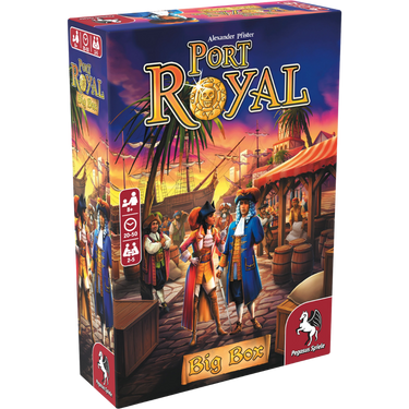 Family game box set featuring Port Royal: Big Box by Pegasus Spiele, shown with colorful game components and artwork.
