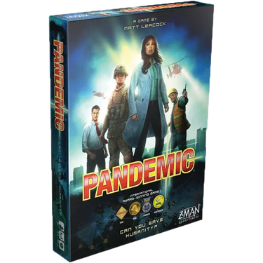 Family board game Pandemic by Z-Man Games featuring colorful game pieces and a world map for cooperative gameplay.