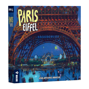 Abstract game box featuring a stylized illustration of the Eiffel Tower, with vibrant colors and artistic design by Devir Games.