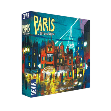 Abstract game box titled "Paris: La Cité de la Lumière" by Devir Games, featuring artistic Paris cityscape artwork.
