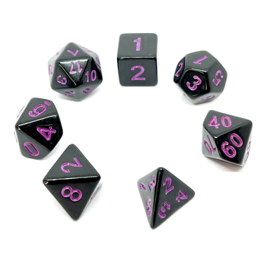 Pearl Dice Set by Dice 4 Friends featuring black and purple pearl-style polyhedral dice for tabletop gaming.