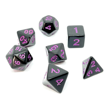 Black and purple pearl finish dice set from Dice 4 Friends, featuring multiple polyhedral dice for tabletop gaming.