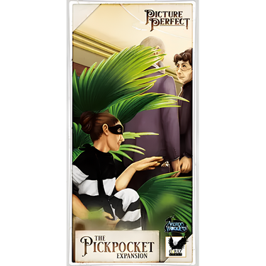 Family game box for "Picture Perfect: The Pickpocket Expansion" by Arcane Wonders, featuring artwork and game components.