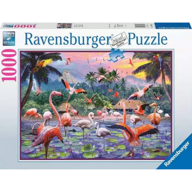 Ravensburger adult puzzle featuring colorful pink flamingoes, 1000 pieces for an engaging jigsaw challenge.