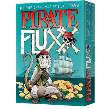 Pirate Fluxx family card game by Looney Labs featuring colorful pirate-themed playing cards and game components.