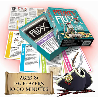 Pirate Fluxx family game by Looney Labs featuring colorful playing cards and pirate-themed illustrations on the box.
