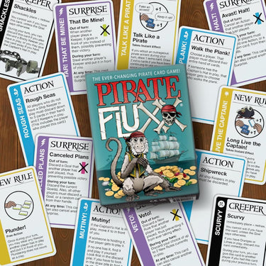 Pirate Fluxx family card game by Looney Labs featuring colorful pirate-themed cards and playful design for all ages.