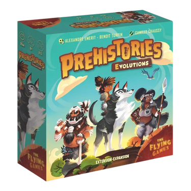 Family game box for Prehistories: Evolutions by The Flying Games, featuring colorful prehistoric-themed artwork.