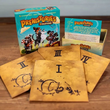 Family board game Prehistories: Evolutions by The Flying Games, featuring a colorful prehistoric-themed game board and game pieces.