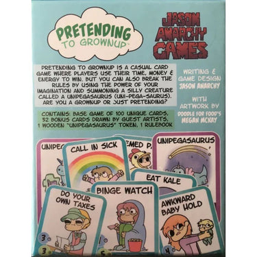 Pretending to Grownup party game by Jason Anarchy Games featuring colorful game cards and playful adult-themed illustrations.